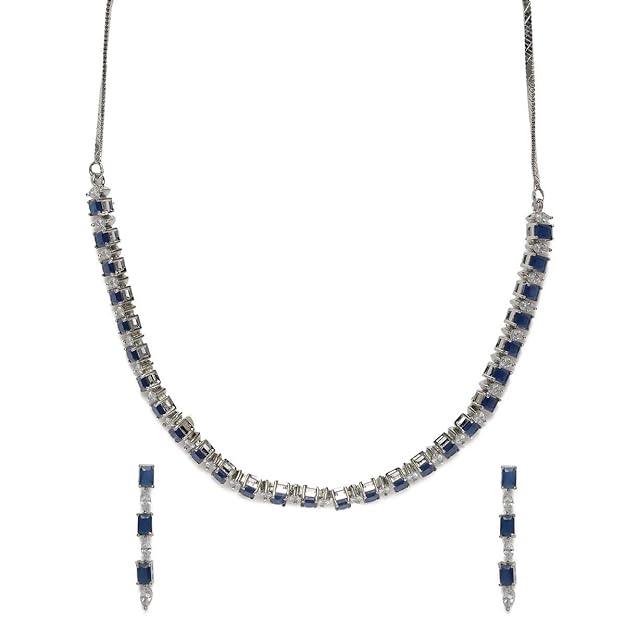 Blue Rhodium-Plated AD Studded Jewellery Set - Trendisia