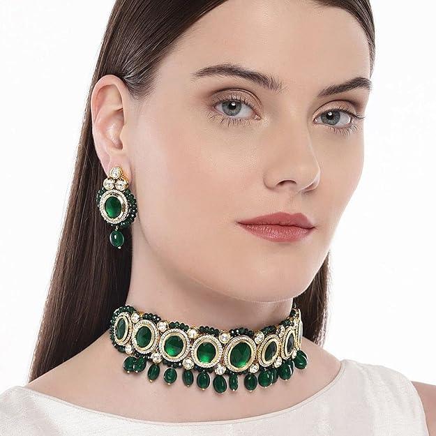 Brass and Emerald Choker Jewellery Set & Girls (Gold) - Trendisia