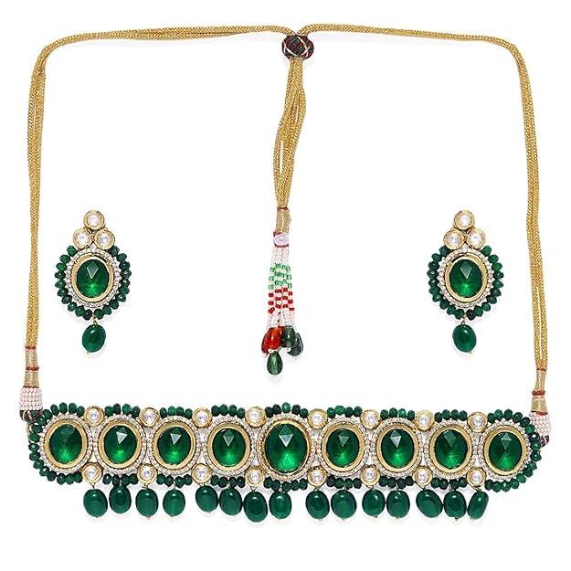 Brass and Emerald Choker Jewellery Set & Girls (Gold) - Trendisia