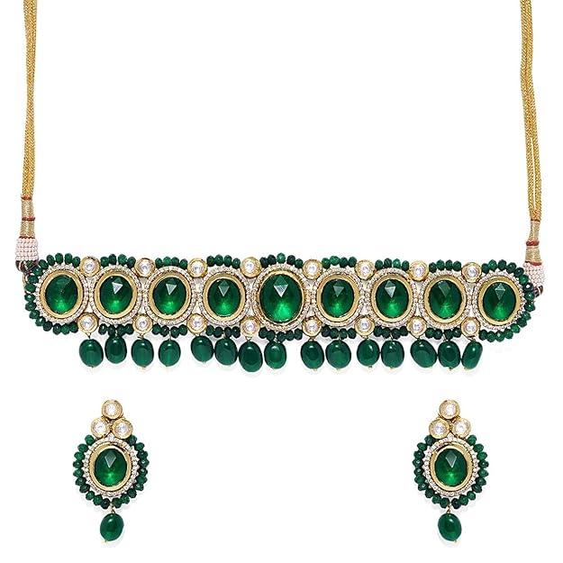 Brass and Emerald Choker Jewellery Set & Girls (Gold) - Trendisia