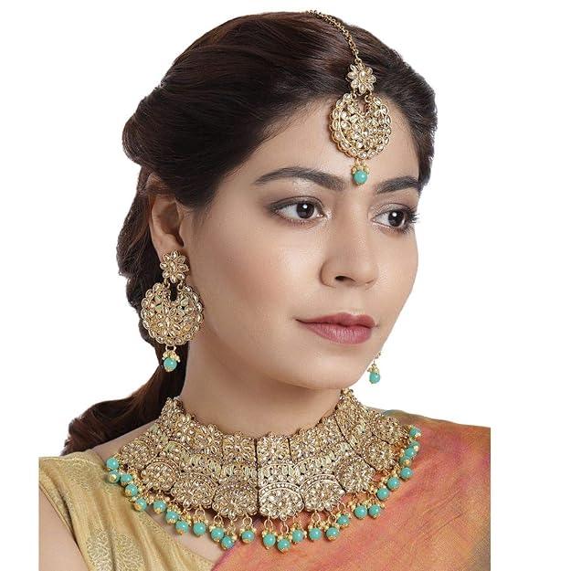Brass Plated Gold-Toned White Kundan Studded Choker Jewellery set - Trendisia