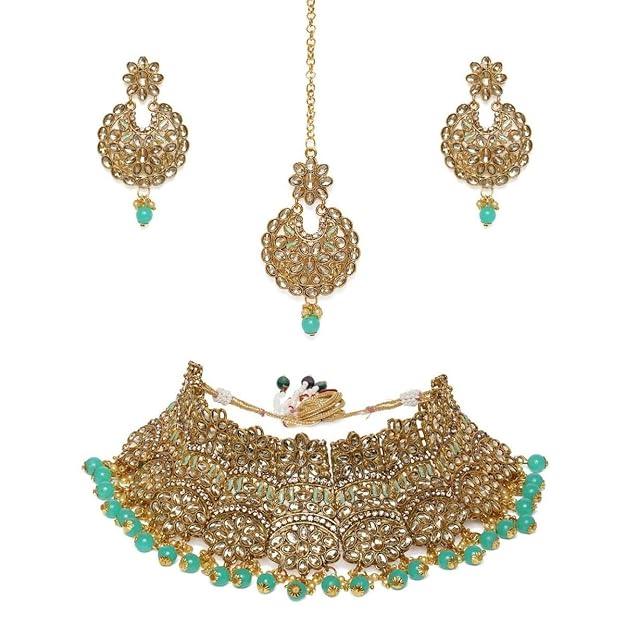 Brass Plated Gold-Toned White Kundan Studded Choker Jewellery set - Trendisia