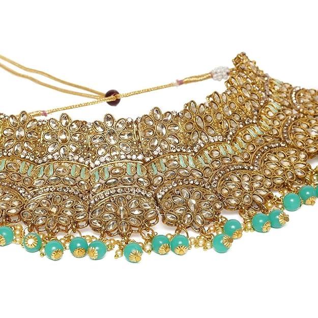 Brass Plated Gold-Toned White Kundan Studded Choker Jewellery set - Trendisia