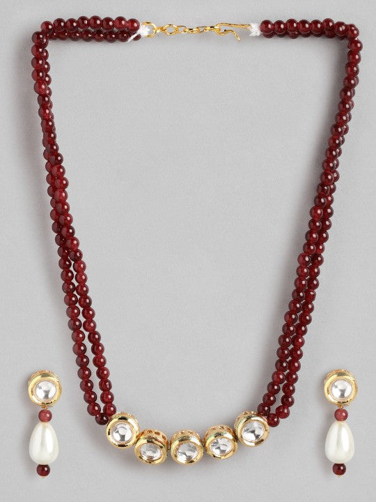 Gold-Plated Kundan & Red Beaded Necklace Set with Matching Earrings
