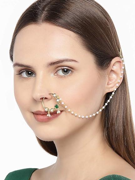 Delicate Kundan Emerald Studded Nose Rings with Chain - Trendisia