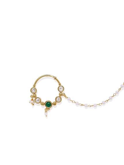 Delicate Kundan Emerald Studded Nose Rings with Chain - Trendisia