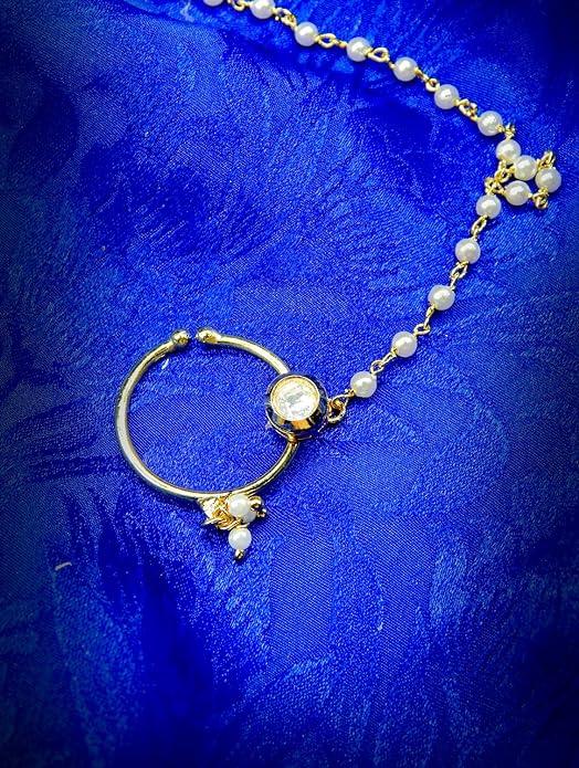 Delicate Kundan Nose Ring with Pearl Chain - Trendisia