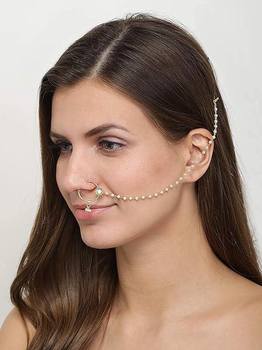 Delicate Kundan Nose Ring with Pearl Chain - Trendisia