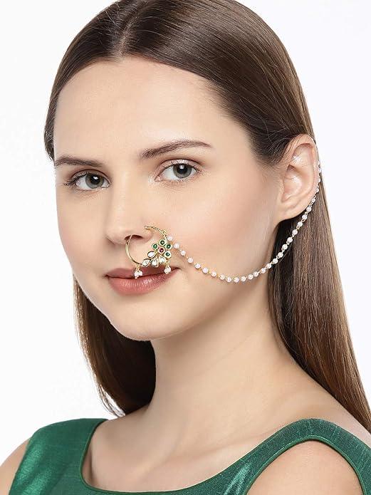 Delicate Vilandi Kundan and Kemp Stone Nose Ring - Trendisia