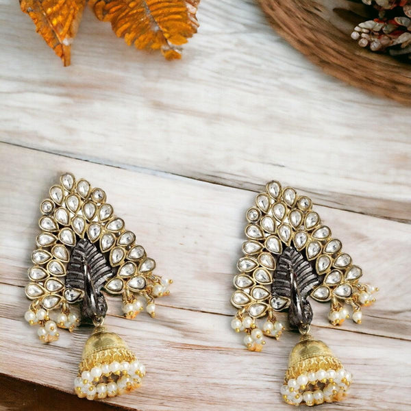 Dual-Tone Antique Peacock Jhumki Earrings - Trendisia