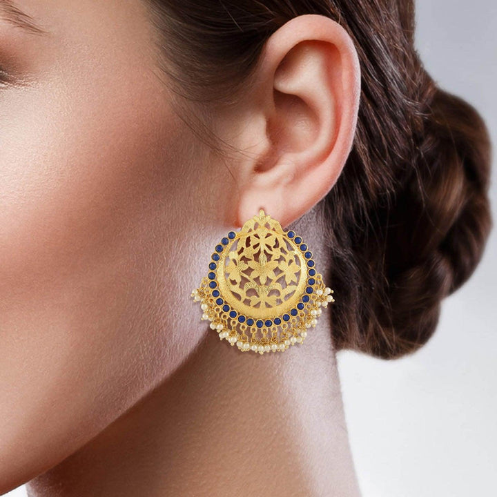 Ethnic Brass and Rhinestone & Pearls Chand Bali Earrings for Women & Girls, White - Trendisia