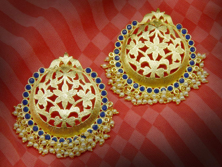 Ethnic Brass and Rhinestone & Pearls Chand Bali Earrings for Women & Girls, White - Trendisia