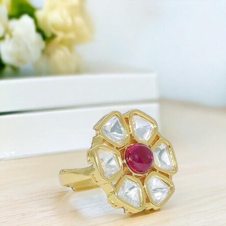 Flower Shaped Kempu Stone Finger Ring - Trendisia