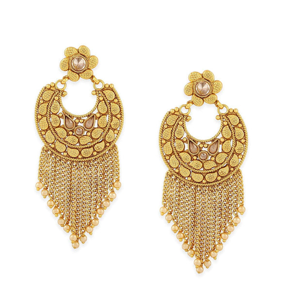 Gold ChandBali with chain tassles Dangle Earrings For women and girls pair of 1 - Trendisia