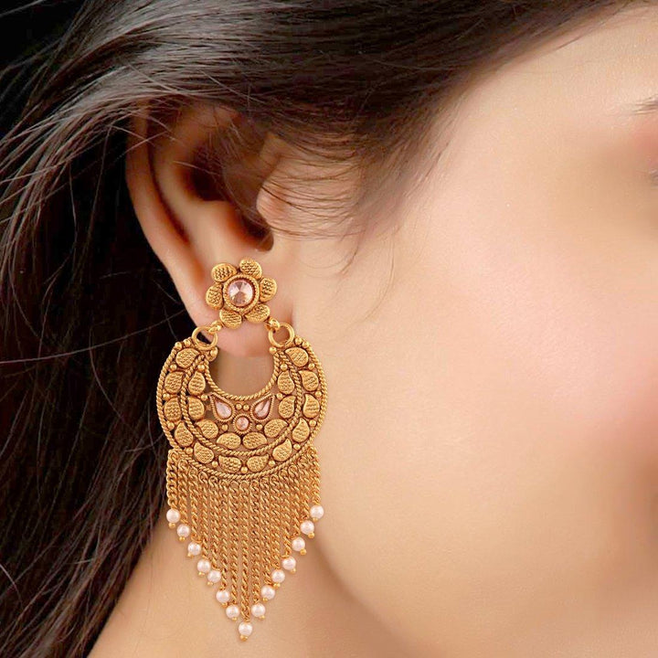 Gold ChandBali with chain tassles Dangle Earrings For women and girls pair of 1 - Trendisia