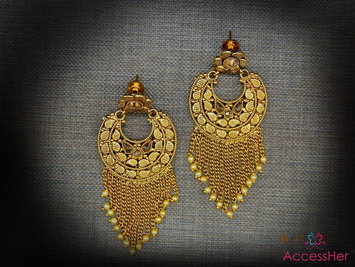 Gold ChandBali with chain tassles Dangle Earrings For women and girls pair of 1 - Trendisia