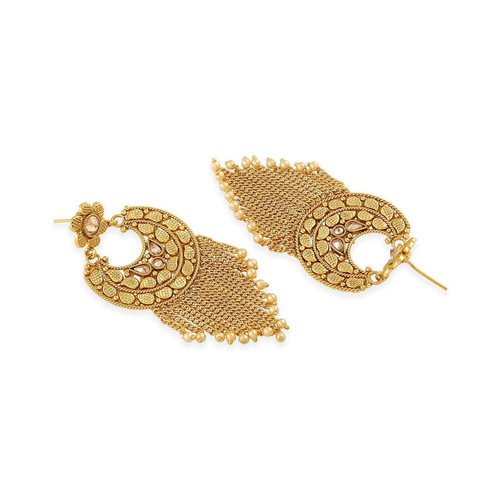 Gold ChandBali with chain tassles Dangle Earrings For women and girls pair of 1 - Trendisia