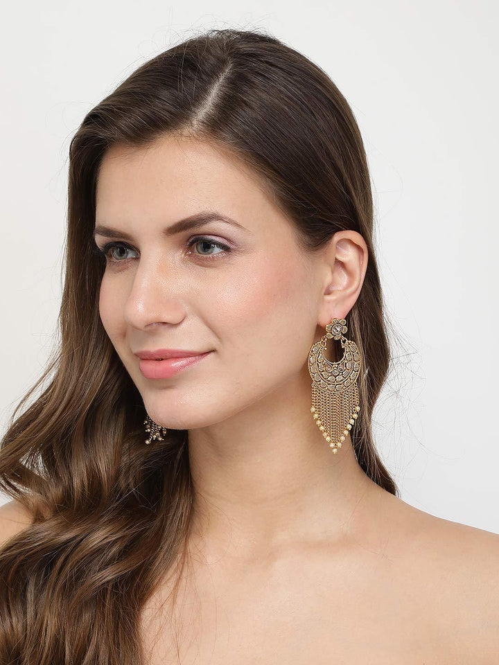 Gold ChandBali with chain tassles Dangle Earrings For women and girls pair of 1 - Trendisia
