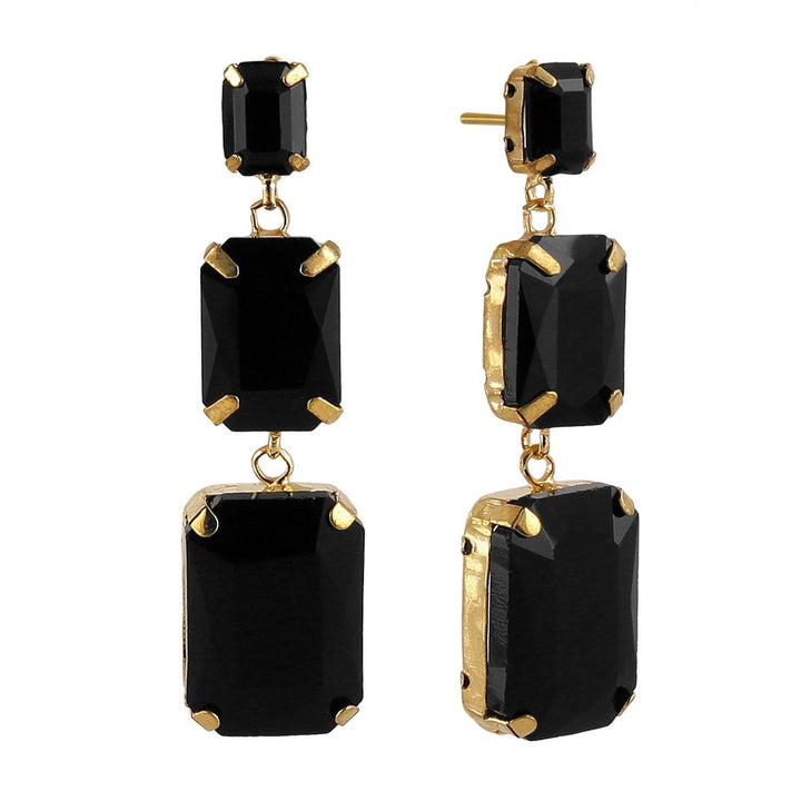 Gold Pated Contemporary Style Inspired Handcrafted Mid Black Stones Embedded Dangle Drop Earrings with Push Back Closure for Women and Girls - Trendisia