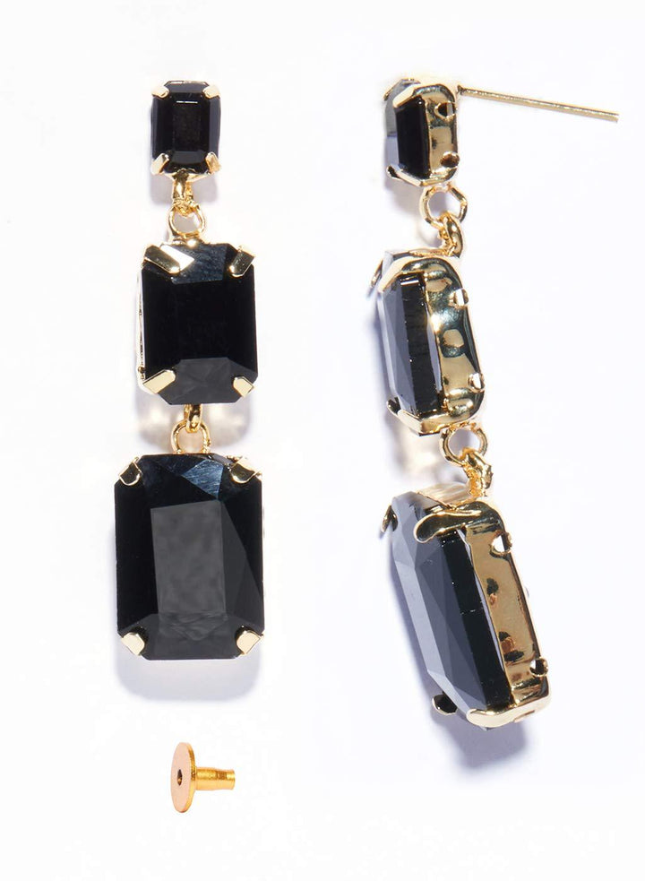 Gold Pated Contemporary Style Inspired Handcrafted Mid Black Stones Embedded Dangle Drop Earrings with Push Back Closure for Women and Girls - Trendisia
