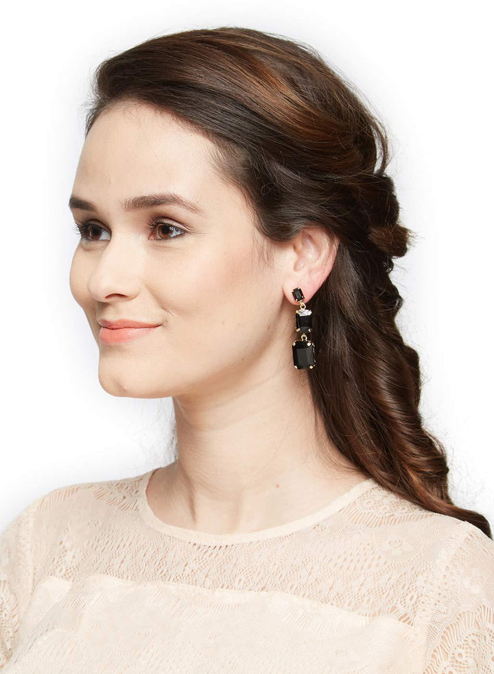 Gold Pated Contemporary Style Inspired Handcrafted Mid Black Stones Embedded Dangle Drop Earrings with Push Back Closure for Women and Girls - Trendisia