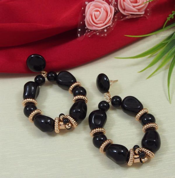 Gold Plated Black Stone Shaped Beads Golden Ring Dangle Earring-WER 3435 - Trendisia