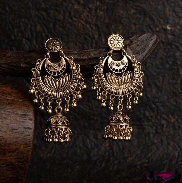 Gold Plated Chandbali &amp; Lotus Artwork Fashion Antique Jhumki Earring- AER 1728 - Trendisia