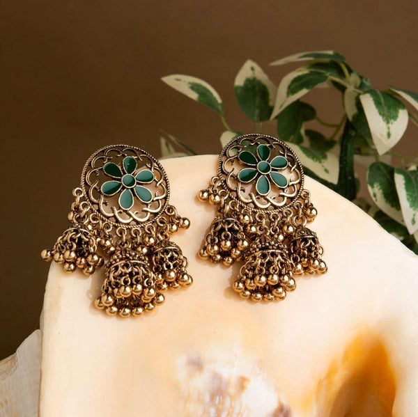 Gold Plated Circle Shaped Floral Enamel Triple Jhumki Fashion Antique Earring- AER 1563 - Trendisia