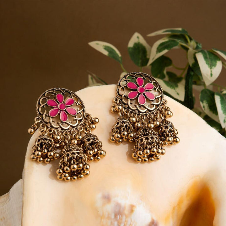 Gold Plated Circle Shaped Floral Enamel Triple Jhumki Fashion Antique Earring- AER 1563 - Trendisia