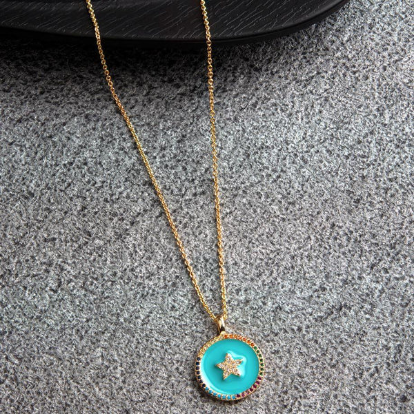 Gold Plated CZ American Diamond Round Shaped Turquoise Enamel Star Designed Pendant Necklace- CZNK 1143 - Trendisia
