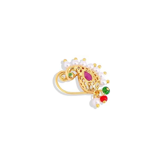 Gold-Plated CZ Studded Beaded Nath Nosepin - Trendisia