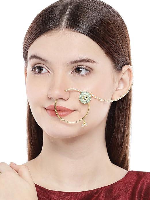 Gold-Plated Embellished Nose Ring with Chain - Trendisia