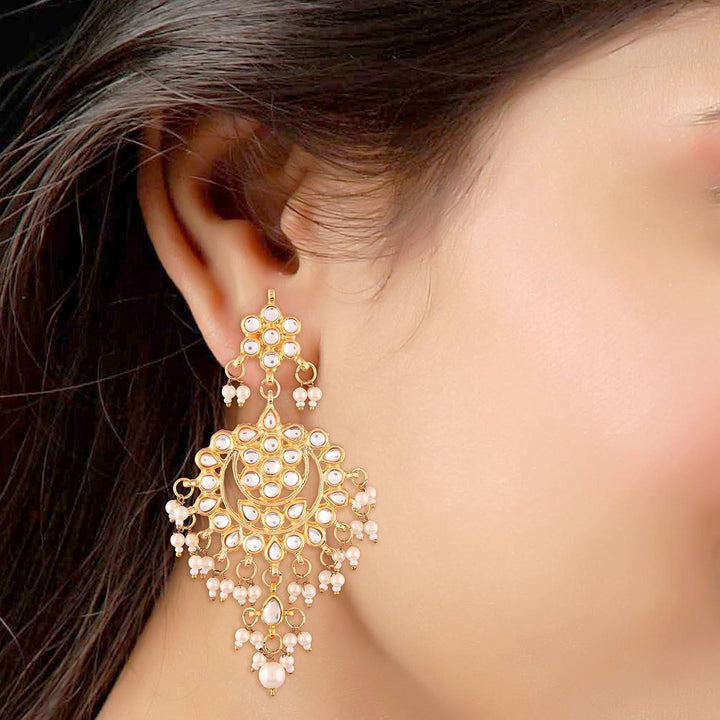Gold Plated Ethnic Kundan and Pearls Dangler Eearrings for Women - Trendisia