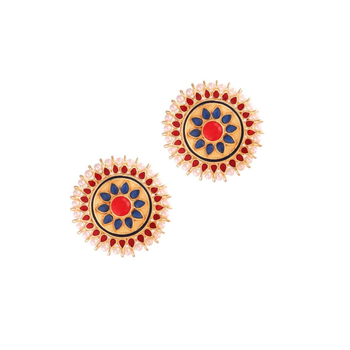 Gold-Plated Ethnic Round Stud Earrings with Red and Blue Enamel - Trendisia