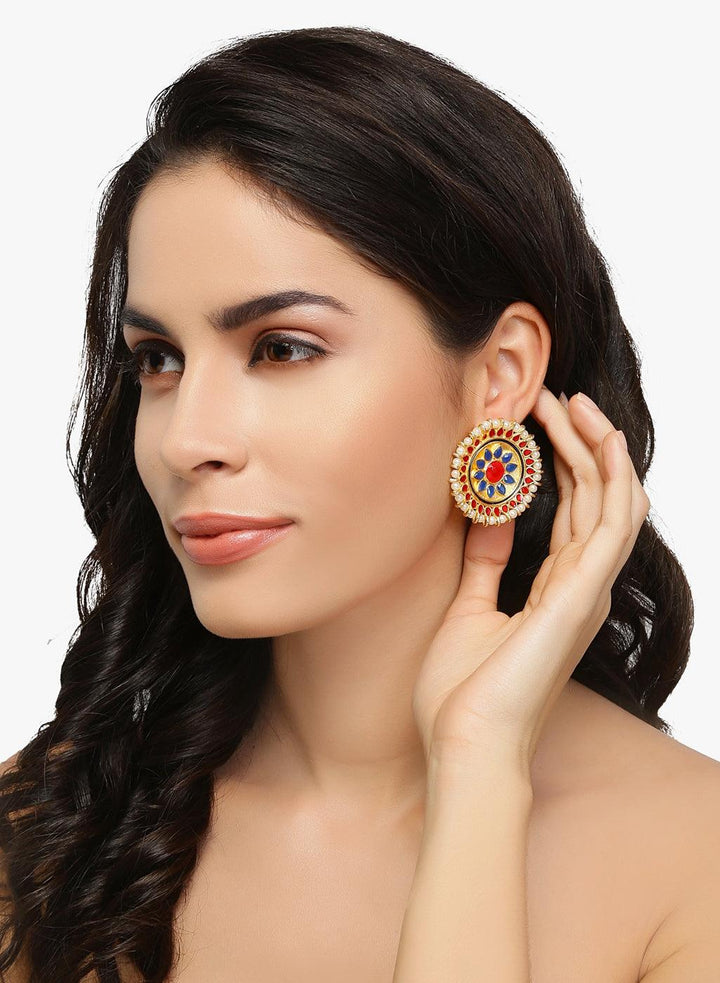 Gold-Plated Ethnic Round Stud Earrings with Red and Blue Enamel - Trendisia