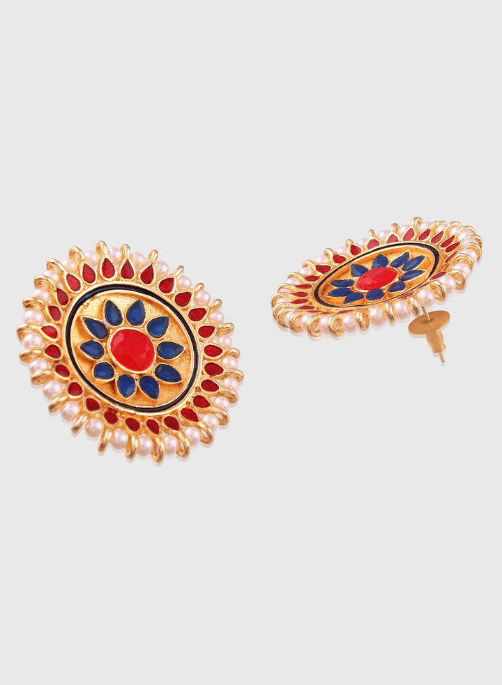 Gold-Plated Ethnic Round Stud Earrings with Red and Blue Enamel - Trendisia