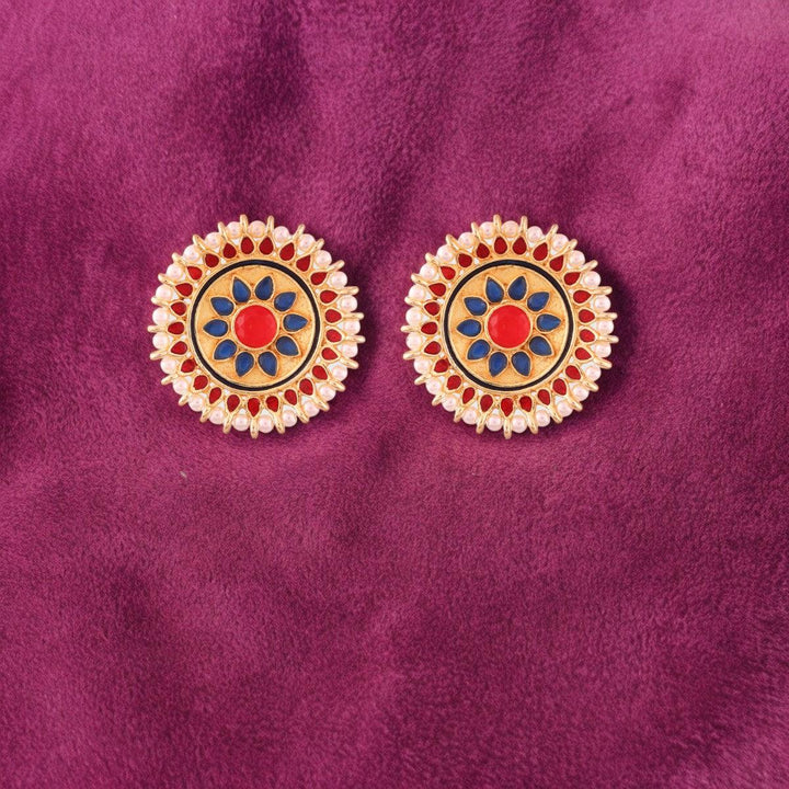 Gold-Plated Ethnic Round Stud Earrings with Red and Blue Enamel - Trendisia