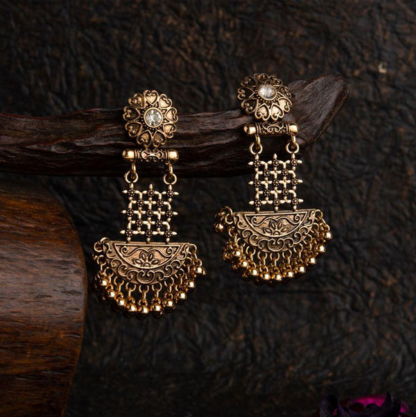 Gold Plated Floral Artwork Design Stone Studded With Beads Fashion Antique Earring- AER 1565 - Trendisia