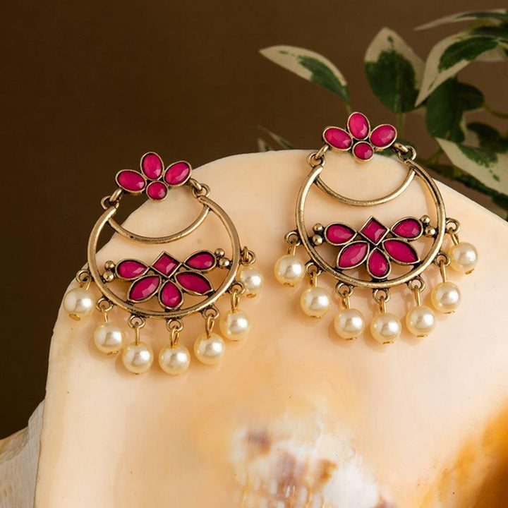 Gold Plated Geometric Shaped With Stone Studded Dangling Pearl Fashion Antique Earring- AER 1621 - Trendisia