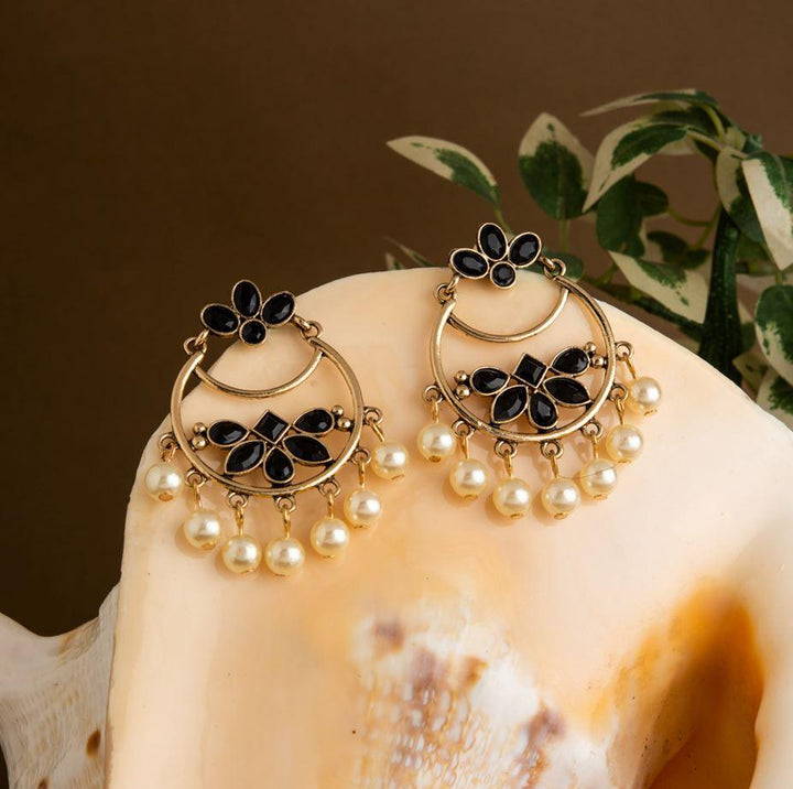 Gold Plated Geometric Shaped With Stone Studded Dangling Pearl Fashion Antique Earring- AER 1621 - Trendisia