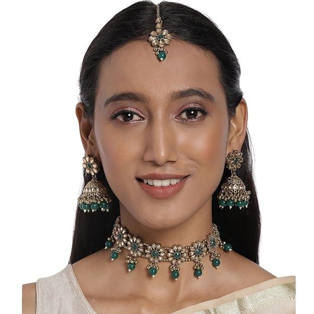 Gold-Plated Green AD-Studded Handcrafted Jewellery Set & Girls - Trendisia