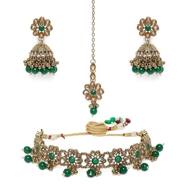 Gold-Plated Green AD-Studded Handcrafted Jewellery Set & Girls - Trendisia