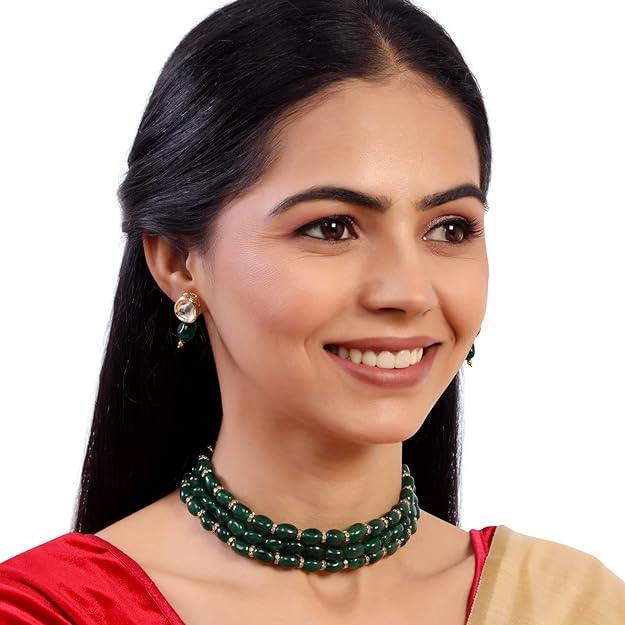 Gold-Plated Green Beaded Kundan Studded Jewellery Set - Trendisia