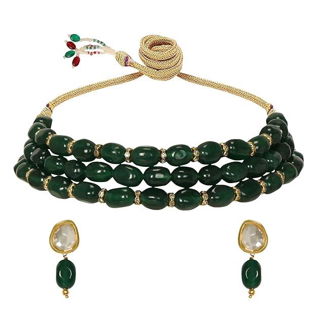 Gold-Plated Green Beaded Kundan Studded Jewellery Set - Trendisia