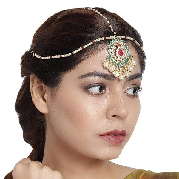 Gold Plated Green Embellished Mathapatti - Trendisia