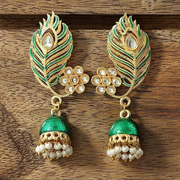 Gold-Plated Green Leaf Jhumkas Earrings - Trendisia