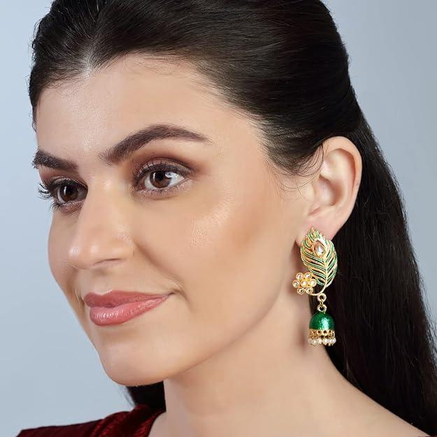 Gold-Plated Green Leaf Jhumkas Earrings - Trendisia