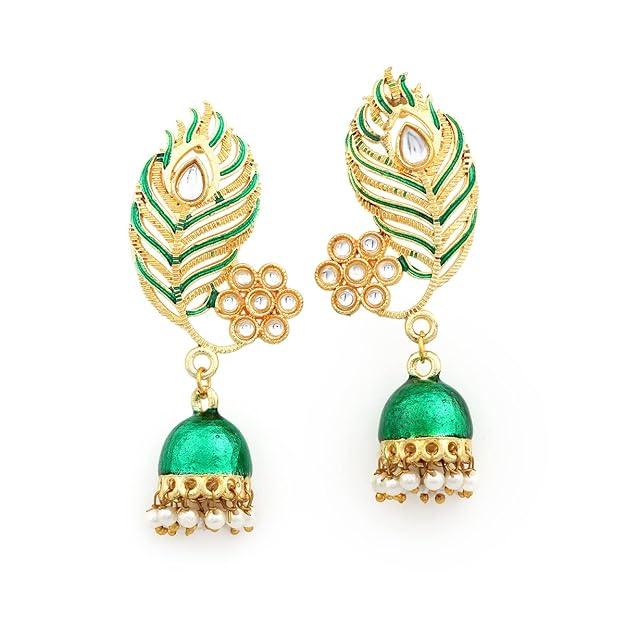 Gold-Plated Green Leaf Jhumkas Earrings - Trendisia