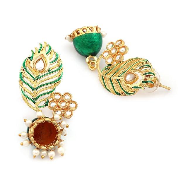 Gold-Plated Green Leaf Jhumkas Earrings - Trendisia