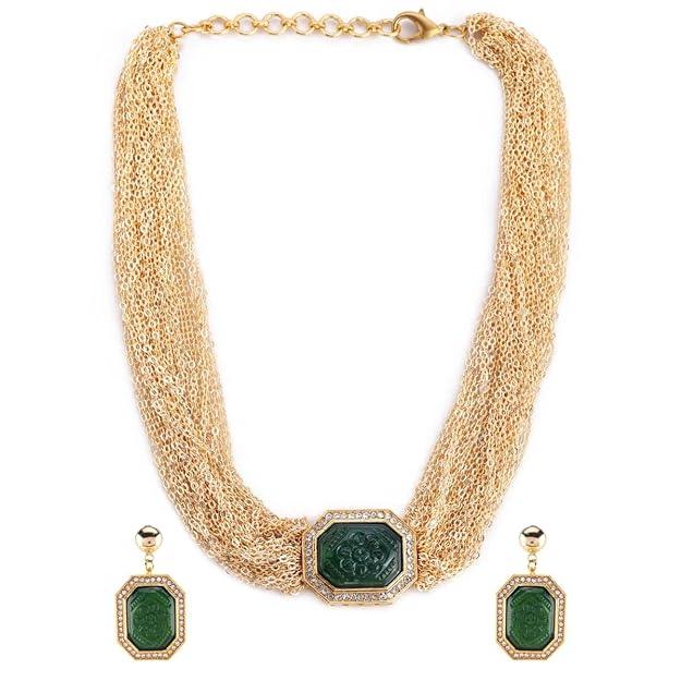 Gold-Plated Green Pendant Multistrand Choker Set - Trendisia